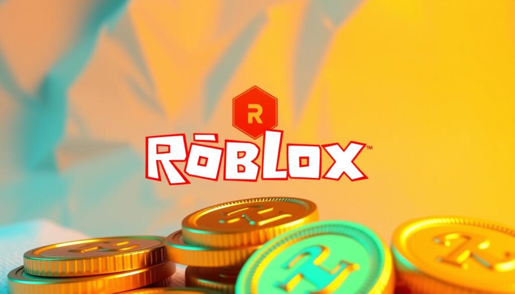 A vibrant and realistic rendering of the iconic Robux currency from the Roblox gaming platform. Depicted in the foreground are several gleaming, golden Robux coins, their metallic surfaces reflecting the warm glow of a soft, directional light source. The middle ground features a stylized Roblox logo, its distinct geometric shapes and colors rendered in a bold, minimalist style. The background is a subtly textured, gradient-based environment, hinting at the virtual world of Roblox and its endless possibilities for creativity and monetization. The overall composition conveys a sense of value, digital wealth, and the allure of the Robux ecosystem within the Roblox gaming universe.