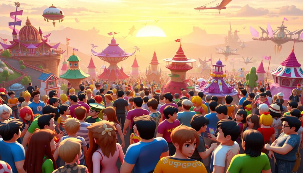 A vibrant, bustling Roblox gaming community, with players gathered in colorful, interactive groups. In the foreground, dynamic avatars engage in lively conversations and collaborative activities, their gestures and expressions conveying a sense of camaraderie. The middle ground features a diverse array of Roblox-themed structures, from whimsical game environments to customized group headquarters, all bathed in warm, diffused lighting. In the background, a dreamlike landscape unfolds, with floating islands, fantastical structures, and a skyscape that blends hues of sunset. The overall atmosphere is one of boundless creativity, social connection, and the thrill of shared Roblox experiences.