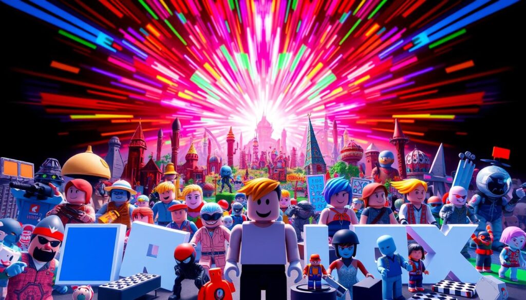 A vibrant collection of Roblox game genres, showcased against a dynamic background. In the foreground, distinct game icons and symbols representing popular modes like Survival, Adventure, Racing, and Roleplay, rendered in a stylized, high-contrast palette. The middle ground features a panoramic view of various Roblox worlds, with towering structures, whimsical landscapes, and a diverse cast of blocky characters engaged in a range of activities. The background is a kaleidoscope of vivid colors, pulsing with energy and hinting at the endless possibilities within the Roblox universe. Captured with a wide-angle lens and dramatic lighting, this image conveys the excitement, creativity, and depth of the Roblox gaming experience.
