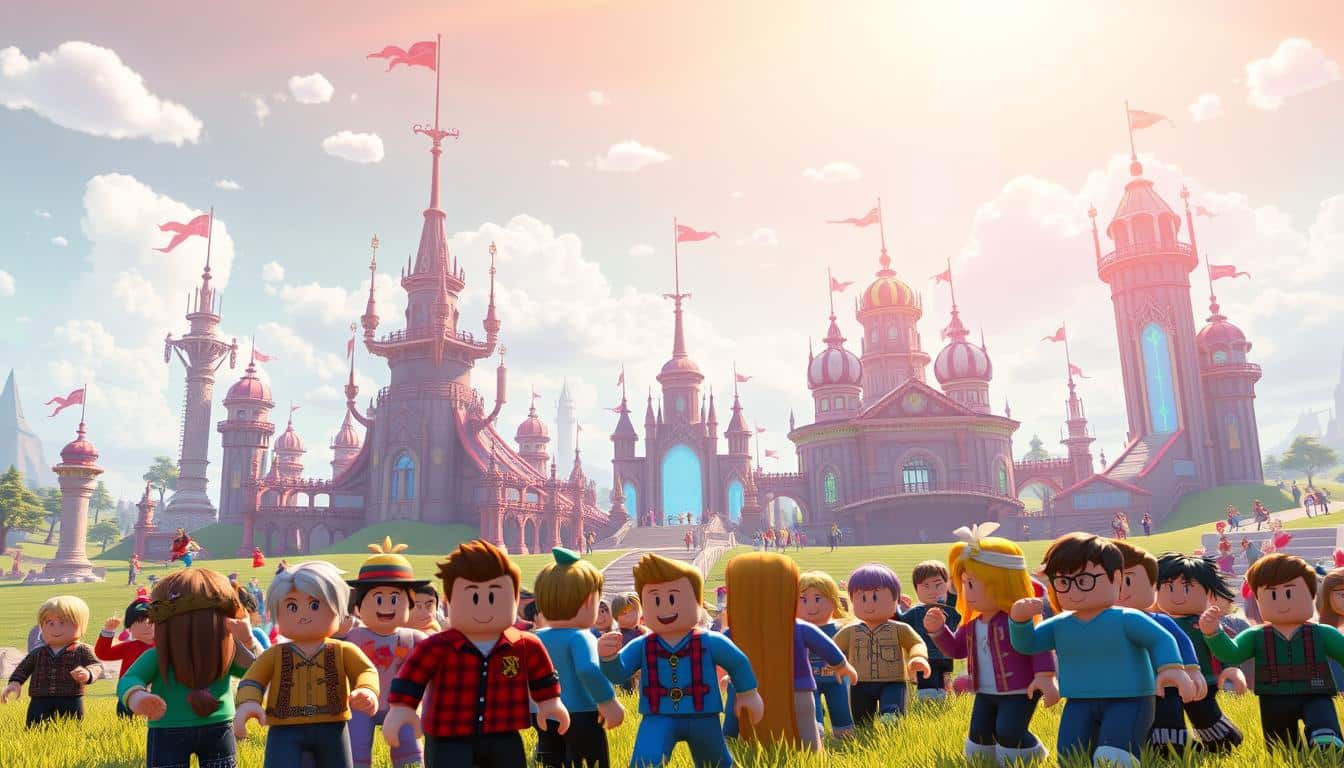 A vibrant, colorful Roblox gaming world unfolds, showcasing a dynamic landscape of playful characters, imaginative environments, and captivating gameplay. In the foreground, a group of Roblox avatars engage in a lively interaction, their expressive features and whimsical attire capturing the essence of the game. The middle ground features intricate Roblox-themed structures, such as towering platforms, winding pathways, and enchanting portals, all bathed in a warm, inviting lighting. In the background, a dreamlike skyscape with playful clouds and a gentle gradient sets the stage for this immersive Roblox universe, exuding a sense of boundless creativity and endless possibilities. The overall composition radiates a playful, energetic, and captivating atmosphere, perfectly capturing the spirit of the Roblox gaming experience.