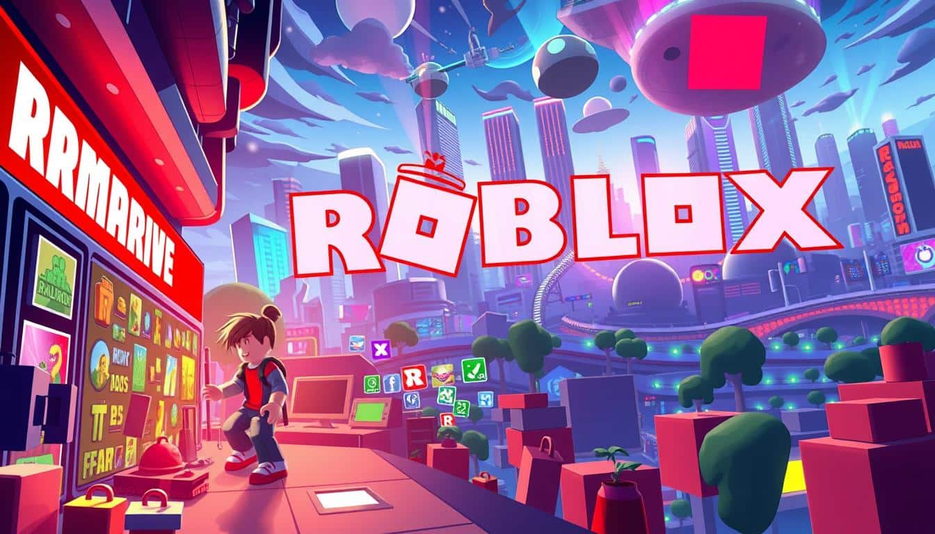 A vibrant, detailed illustration of a "Roblox Guide" depicting the popular gaming platform. In the foreground, a character exploring a Roblox world, interacting with various interactive elements. The middle ground showcases a variety of Roblox game icons and logos, hinting at the diverse experiences within the platform. In the background, a dynamic, futuristic cityscape with skyscrapers and neon lights, capturing the energy and innovation of Roblox. Bright, saturated colors, with a sense of depth and three-dimensionality. Dramatic lighting from multiple angles, casting shadows and highlights to create a visually striking and immersive scene. Seamlessly blending realism and the distinct Roblox aesthetic.