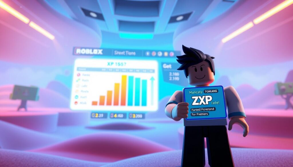 A vibrant digital landscape of the Roblox gaming platform, featuring a detailed XP guide. In the foreground, a stylized Roblox character proudly displaying their hard-earned experience points and rewards. The middle ground showcases a progression chart, illustrating the various levels and milestones to achieve. In the background, a modern, minimalist interface with colorful icons and interactive elements, reflecting the dynamic nature of the Roblox ecosystem. Soft, diffused lighting creates a sense of depth and atmosphere, while a slightly low camera angle emphasizes the sense of accomplishment and growth. The overall tone is both informative and visually engaging, perfectly suited to highlight the "Leveling Up Faster: XP, Rewards, and Daily Habits" section of the Roblox gaming guide.