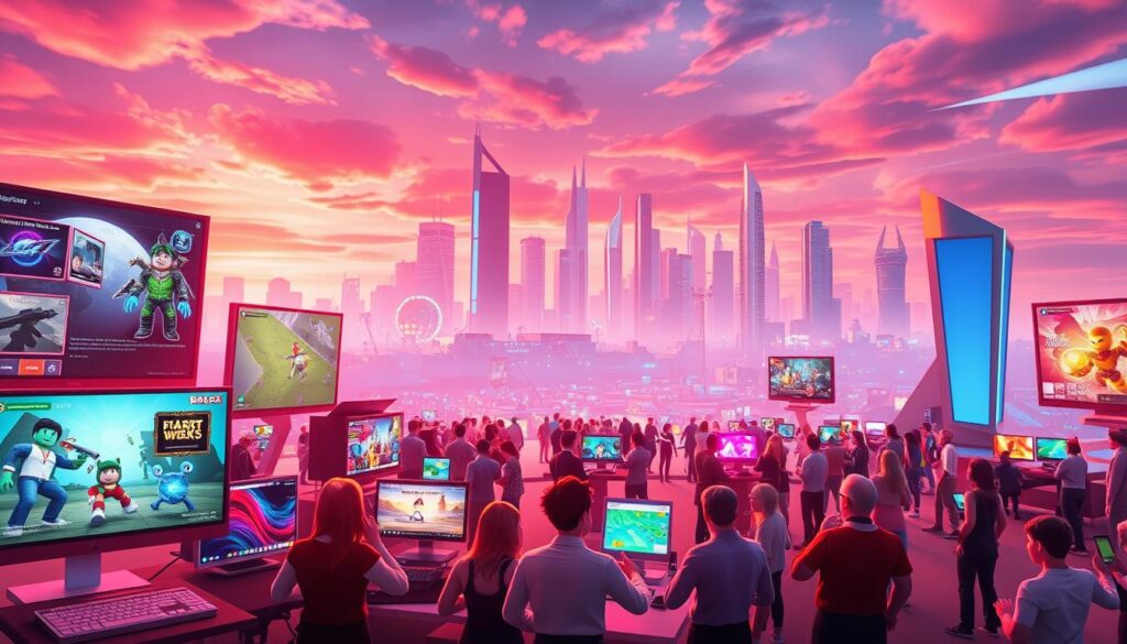 A vibrant, dynamic scene of Roblox updates unfolding in a cutting-edge digital landscape. In the foreground, a dazzling array of new features and game modes are showcased, with sleek user interfaces and captivating visuals. The middle ground features a bustling community of Roblox developers, collaborating and brainstorming the next wave of innovative experiences. In the background, a sleek, futuristic city skyline sets the stage, bathed in warm, vibrant lighting that evokes a sense of energy and progress. The overall composition conveys a sense of excitement, innovation, and the ever-evolving nature of the Roblox platform. A vibrant, dynamic scene of Roblox updates unfolding in a cutting-edge digital landscape. In the foreground, a dazzling array of new features and game modes are showcased, with sleek user interfaces and captivating visuals. The middle ground features a bustling community of Roblox developers, collaborating and brainstorming the next wave of innovative experiences. In the background, a sleek, futuristic city skyline sets the stage, bathed in warm, vibrant lighting that evokes a sense of energy and progress. The overall composition conveys a sense of excitement, innovation, and the ever-evolving nature of the Roblox platform.