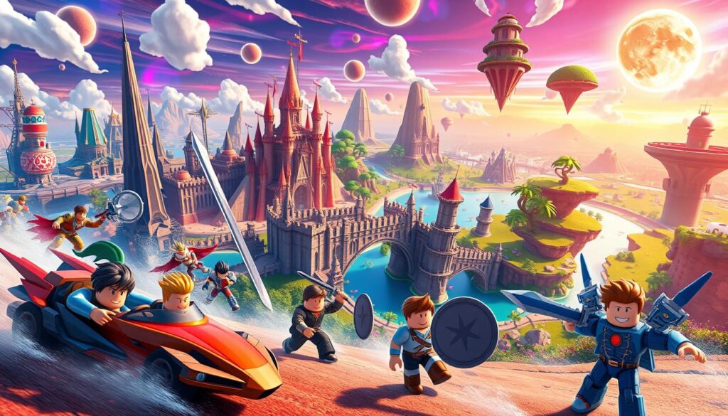 A vibrant, dynamic scene showcasing the diverse world of popular Roblox games. In the foreground, a group of Roblox avatars, each with distinct personalities and outfits, engage in various activities - racing in a high-speed vehicle, battling with swords and shields, and exploring a fantastical, otherworldly landscape. The middle ground features a collection of iconic Roblox game environments, including a futuristic sci-fi city, a medieval castle, and a tropical island paradise. In the background, a striking panoramic view captures the scale and depth of the Roblox metaverse, with towering structures, floating islands, and a vibrant, neon-tinged sky. The overall composition is characterized by a sense of boundless creativity, exploration, and the thrill of virtual adventure. A vibrant, dynamic scene showcasing the diverse world of popular Roblox games. In the foreground, a group of Roblox avatars, each with distinct personalities and outfits, engage in various activities - racing in a high-speed vehicle, battling with swords and shields, and exploring a fantastical, otherworldly landscape. The middle ground features a collection of iconic Roblox game environments, including a futuristic sci-fi city, a medieval castle, and a tropical island paradise. In the background, a striking panoramic view captures the scale and depth of the Roblox metaverse, with towering structures, floating islands, and a vibrant, neon-tinged sky. The overall composition is characterized by a sense of boundless creativity, exploration, and the thrill of virtual adventure.