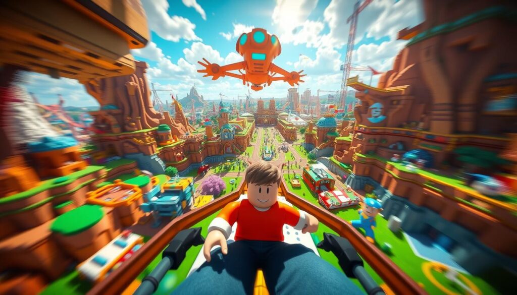 A vibrant, first-person view of an immersive Roblox gameplay scene. The foreground features a player's avatar skillfully navigating a detailed, colorful virtual world, with dynamic in-game mechanics and interactions. The middle ground showcases a diverse range of game environments, from fantastical landscapes to urban cityscapes, all rendered with a high level of visual fidelity. The background subtly hints at the vast, interconnected Roblox metaverse, with glimmers of other player activities and game worlds visible in the distance. Bright, natural lighting casts a sense of energy and exploration, while a slightly elevated camera angle provides a captivating, engaging perspective for the viewer.