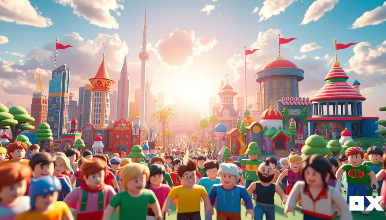 A vibrant, isometric 3D scene depicting the imaginative world of Roblox. In the foreground, colorful player avatars engage in lively gameplay, their expressions conveying a sense of wonder and adventure. The middle ground showcases a diverse array of Roblox-themed structures, from towering skyscrapers to whimsical playgrounds, all rendered in the platform's signature blocky aesthetic. In the background, a dynamic skyscape sets the mood, with soft lighting filtering through fluffy clouds, creating a warm and inviting atmosphere. The entire scene exudes the playful and creative spirit that embodies the Roblox experience.