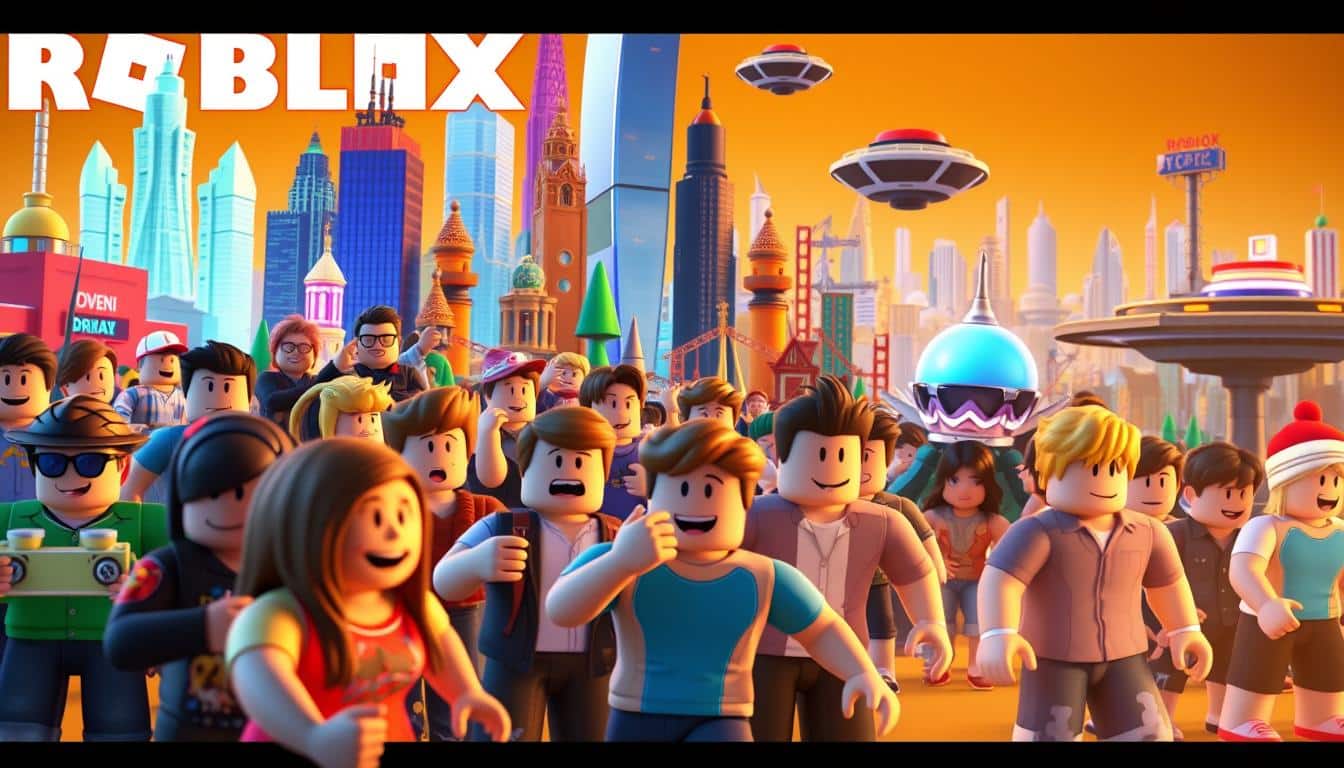 A vibrant scene of the latest Roblox gaming trends, captured in a dynamic 3D environment. In the foreground, a group of diverse Roblox avatars engage in a range of popular mini-games and experiences, their expressions and poses conveying the energy and excitement of the platform. The middle ground features a collage of iconic Roblox structures, from towering virtual buildings to whimsical, low-poly landscapes. In the background, a futuristic cityscape with neon-lit skyscrapers and floating transport platforms, hinting at the endless creative possibilities within the Roblox metaverse. The scene is illuminated by a warm, golden lighting that casts a sense of optimism and wonder, capturing the spirit of the ever-evolving Roblox gaming landscape.