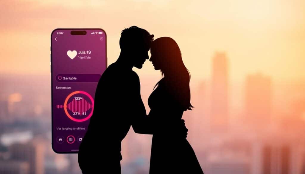 A vibrant, seamless compatibility match between two digitally-connected users, framed in a warm, romantic ambiance. The foreground features two stylized, abstract human figures interlocked in a harmonious embrace, their silhouettes emanating a soft, radiant glow. The middle ground showcases a sleek, modern dating app interface with minimalist design elements and a pulsing, synchronous data visualization. The background sets the scene with a blurred, pastel-hued cityscape, evoking a sense of urban sophistication. Lit by a gentle, golden hour lighting, the entire composition conveys a mood of effortless connection, mutual understanding, and the positive potential of technology-facilitated relationships. A vibrant, seamless compatibility match between two digitally-connected users, framed in a warm, romantic ambiance. The foreground features two stylized, abstract human figures interlocked in a harmonious embrace, their silhouettes emanating a soft, radiant glow. The middle ground showcases a sleek, modern dating app interface with minimalist design elements and a pulsing, synchronous data visualization. The background sets the scene with a blurred, pastel-hued cityscape, evoking a sense of urban sophistication. Lit by a gentle, golden hour lighting, the entire composition conveys a mood of effortless connection, mutual understanding, and the positive potential of technology-facilitated relationships.