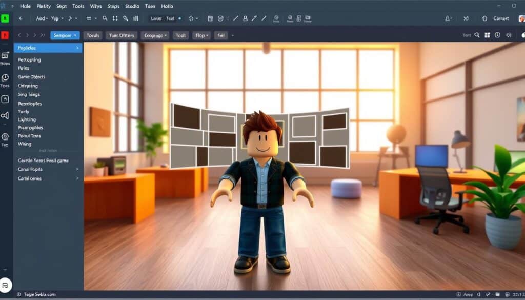 A vibrant, step-by-step tutorial scene set in the Roblox Studio software interface. The foreground features a welcoming, friendly character guiding the viewer through various tools and menus, with a clean, intuitive user interface. The middle ground showcases a 3D workspace with placeholders for game objects, lighting, and terrain, inviting the user to explore and create. The background depicts a warm, modern office environment with large windows, providing a sense of openness and creativity. Soft, natural lighting illuminates the scene, creating a gentle, inviting atmosphere that encourages learning and exploration within the Roblox ecosystem.