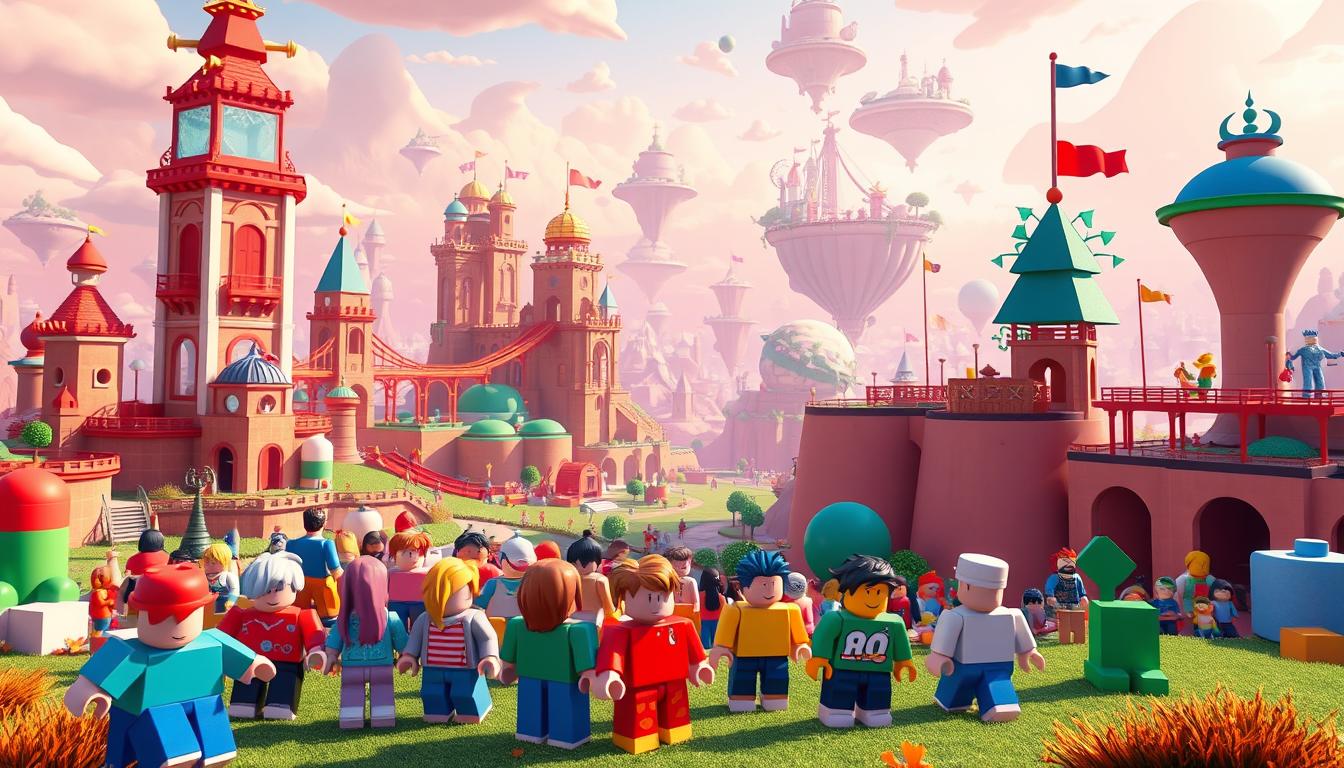 A vibrant, stylized Roblox-themed landscape with a whimsical, playful atmosphere. In the foreground, a group of blocky, colorful characters engaged in various activities - building, exploring, and interacting with the environment. The middle ground features varied Roblox-inspired structures, including towering cuboidal buildings, bridges, and interactive elements. The background showcases an expansive, abstract world with floating islands, dynamic lighting, and a sense of boundless creativity. The overall scene conveys the boundless possibilities and collaborative nature of the Roblox gaming platform, inviting the viewer to dive into this imaginative digital realm.