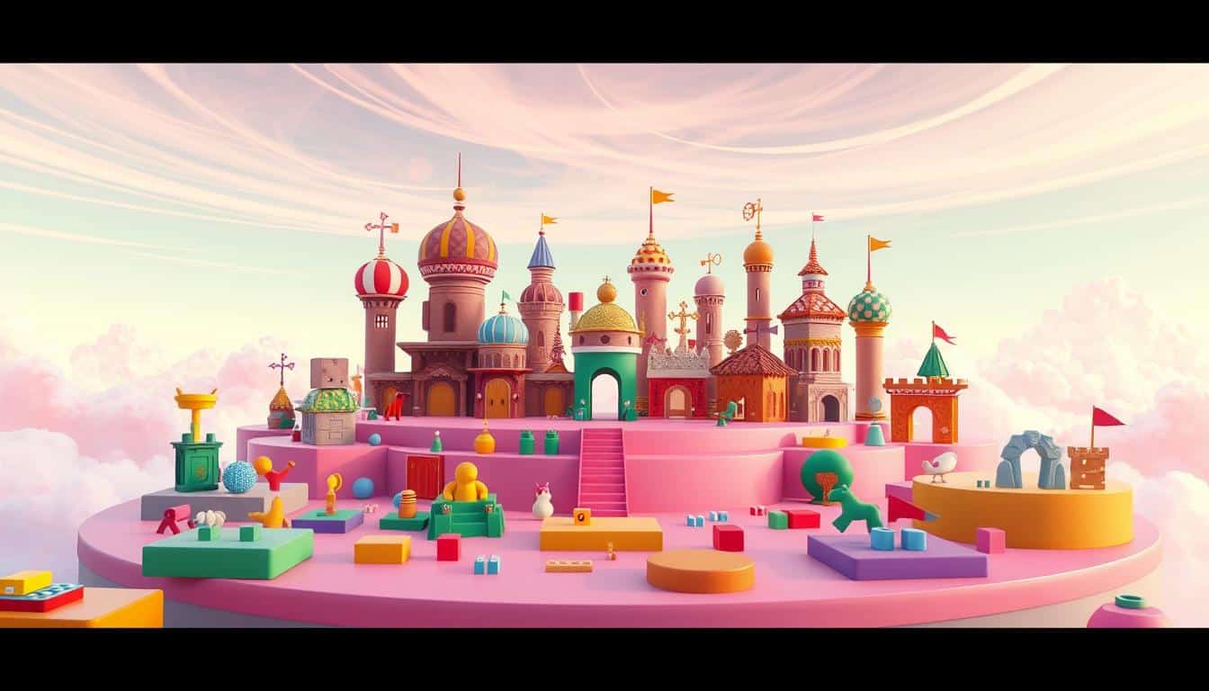 A vibrant, three-dimensional Roblox platform set against a whimsical, pastel-hued backdrop. In the foreground, various colorful game elements like platforms, blocks, and interactive objects invite players to explore and engage. The middle ground features a collection of distinct Roblox-inspired structures, each with its own unique architectural style and personality. In the background, a dreamlike sky with wispy clouds and a warm, gentle lighting creates a sense of boundless imagination and endless possibilities. The overall scene exudes a playful, inviting atmosphere, capturing the spirit of Roblox's endless opportunities for fun and creativity.