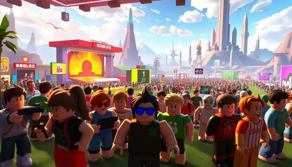 A vibrant, visually captivating scene depicting the latest trends in the Roblox gaming universe. In the foreground, a group of diverse Roblox characters engaged in various popular activities - building, coding, playing mini-games, and interacting with each other. The middle ground showcases a bustling Roblox event, with colorful stages, interactive exhibits, and a crowd of excited players. In the background, a futuristic Roblox landscape with towering virtual structures, dynamic lighting, and a sense of endless creative possibilities. The overall atmosphere conveys a sense of boundless imagination, innovation, and the ever-evolving nature of the Roblox platform.
