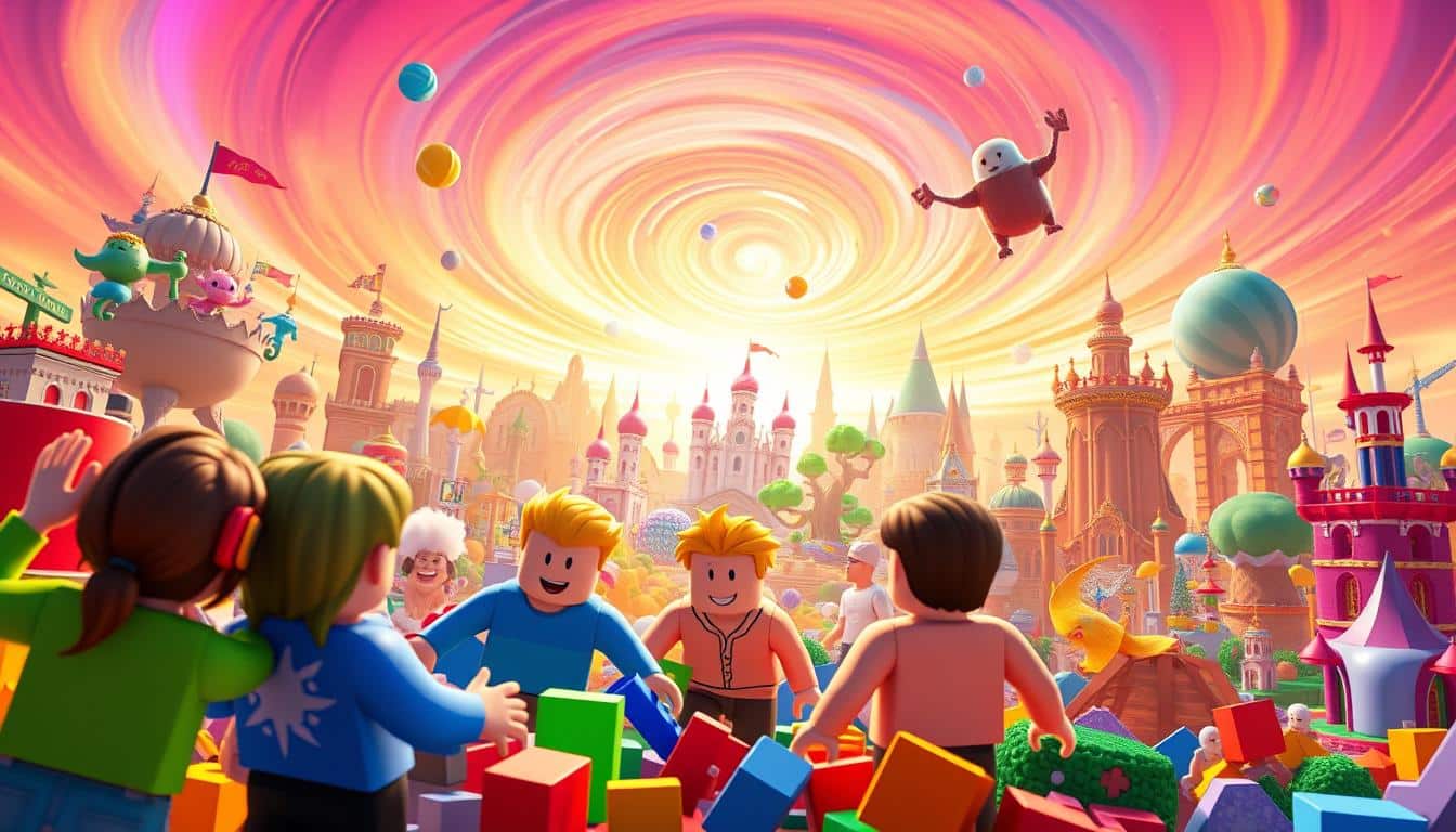 A vibrant, whimsical scene showcasing the boundless creativity of Roblox gaming. In the foreground, a group of playful avatars engages in a dynamic, imaginative build, their hands effortlessly shaping blocky structures and fantastical elements. The middle ground features a diverse array of unique Roblox worlds, each a testament to the platform's endless possibilities for self-expression. In the background, a swirling, color-saturated skyscape sets the stage, bathed in warm, dreamlike lighting that evokes a sense of boundless imagination and endless potential. The overall atmosphere radiates a palpable energy, inviting the viewer to dive in and unlock their own creative vision within the Roblox universe.