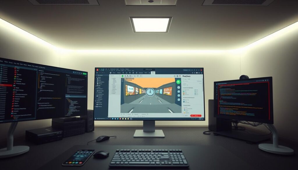 A well-lit, detailed interior view of the Roblox Studio software interface. In the foreground, a workspace with 3D game assets, scripts, and various tools for creators. In the middle ground, a central window displaying an open Roblox project, with a camera viewport and an array of editing panels. The background features a clean, modern UI design with a subtle gradient, conveying a professional, creative atmosphere for game development. Soft, directional lighting illuminates the scene, highlighting the depth and functionality of the Roblox Studio tools, inviting the viewer to explore the robust capabilities for safe modding and scripting.