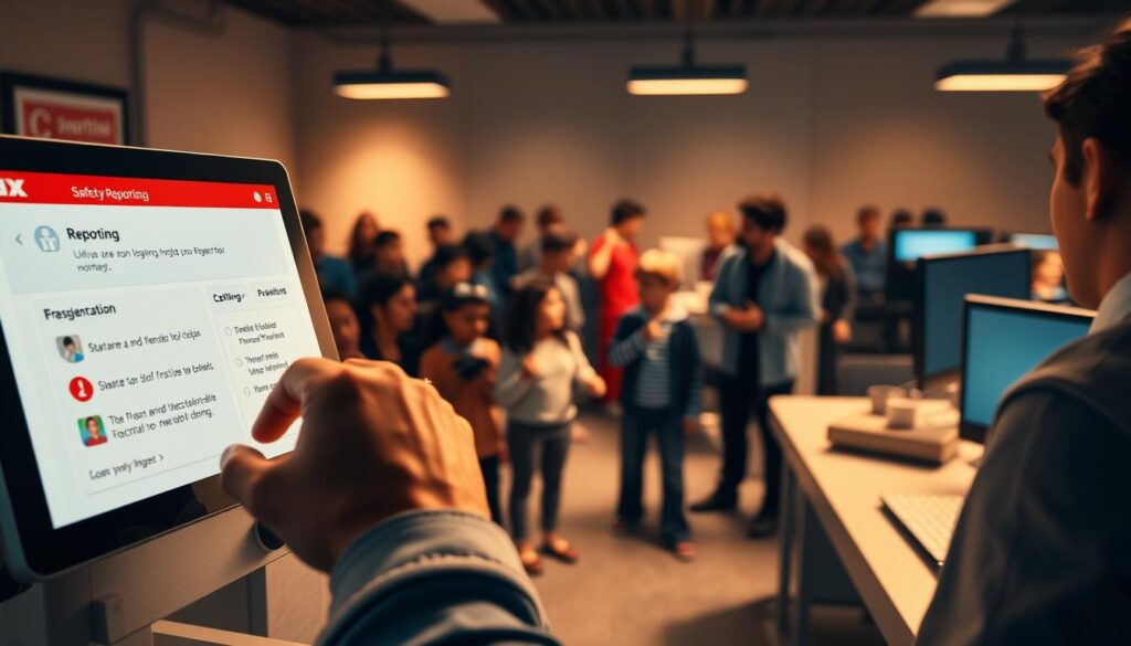 A well-lit, detailed scene depicting Roblox's safety reporting process. In the foreground, a user navigates the platform's reporting interface, with clear icons and intuitive controls. The middle ground showcases a diverse community of Roblox players, gesturing and interacting, while in the background, a moderator team vigilantly monitors the platform, ensuring a safe and inclusive environment. The lighting is soft and natural, highlighting the care and attention Roblox dedicates to community moderation and player safety. The overall atmosphere conveys a sense of empowerment, trust, and responsible platform stewardship.