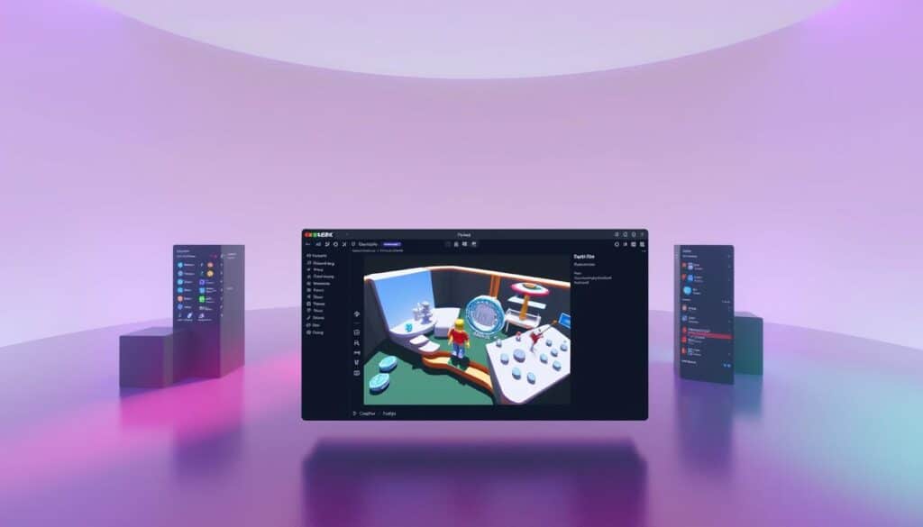 A well-lit, modern 3D rendering of the Roblox Studio user interface, showcasing its intuitive design and powerful tools. The foreground features the main workspace with a detailed 3D scene being edited, complete with lighting, textures, and 3D models. The middle ground displays the toolbar, menu options, and various panels for scripting, animations, and asset management. In the background, a sleek and minimalist environment with subtle gradients and clean lines, emphasizing the software's focus on creative expression. The overall atmosphere is one of creativity, innovation, and the boundless potential of the Roblox platform.