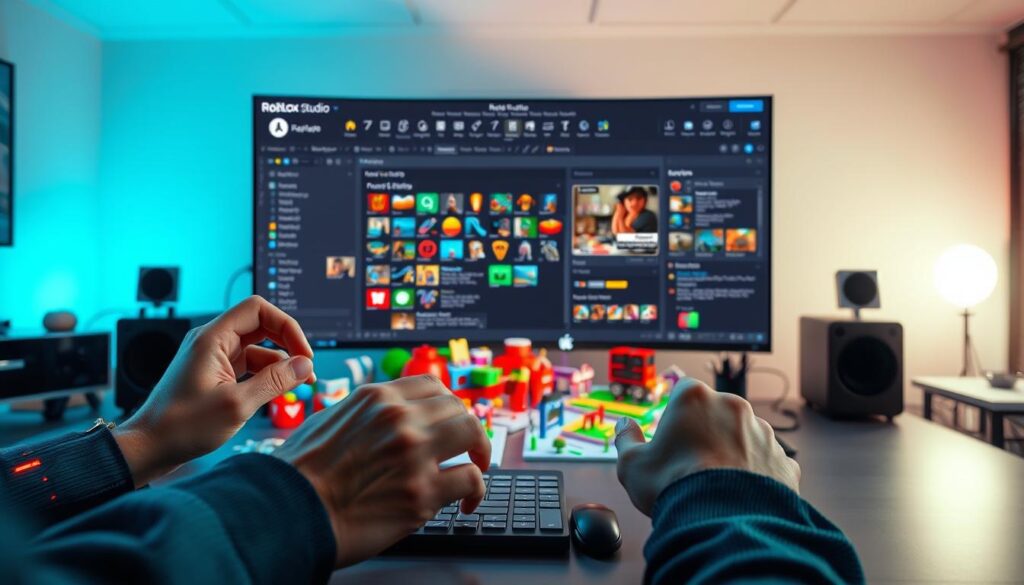 A well-lit, photorealistic Roblox Studio workspace with a modern, minimalist interface. In the foreground, a developer's hands are actively coding and experimenting with various game mechanics and elements. The middle ground showcases a 3D model of a Roblox game scene, with vibrant colors, detailed textures, and dynamic lighting. In the background, a large monitor displays the Roblox Studio UI, highlighting the various tools, menus, and options available for game creation. The overall atmosphere conveys a sense of focus, creativity, and the joy of building engaging Roblox experiences.