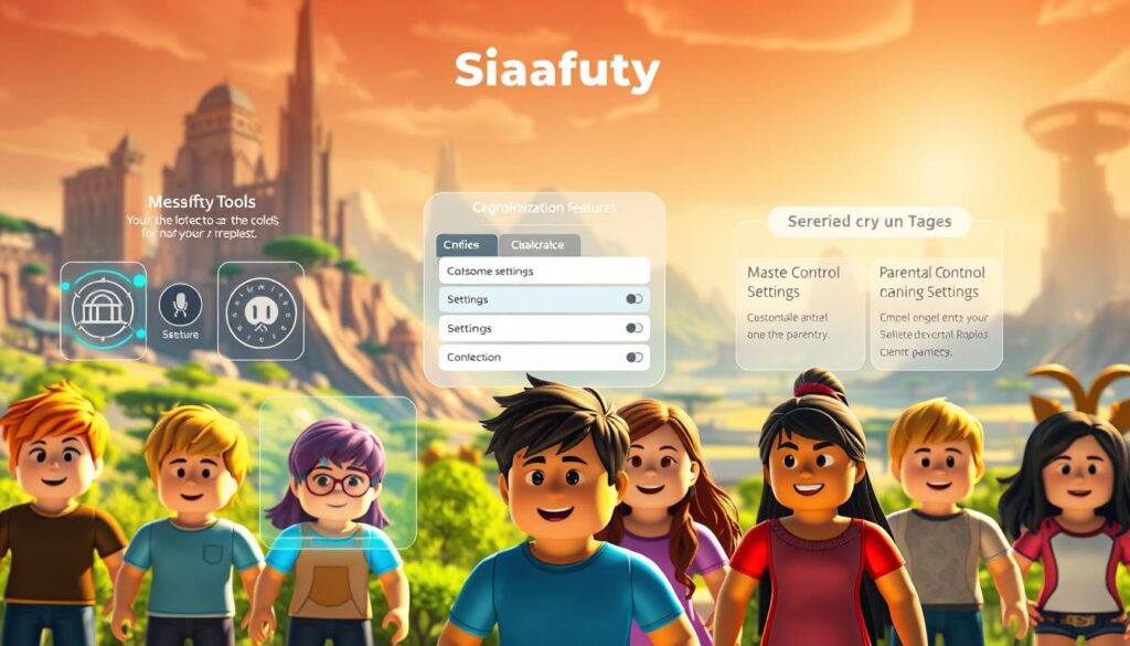 A well-lit, serene scene of a Roblox-inspired game world showcasing the platform's safety features. In the foreground, a group of diverse, vibrant child avatars engage in safe, collaborative play, their expressions conveying a sense of joy and security. The middle ground features moderation tools and parental control settings, represented by holographic user interfaces and customizable settings. The background depicts a vast, imaginative Roblox landscape, with towering structures, lush vegetation, and a warm, inviting color palette. The overall atmosphere communicates the platform's commitment to creating a safe, nurturing environment for young gamers to unleash their creativity.