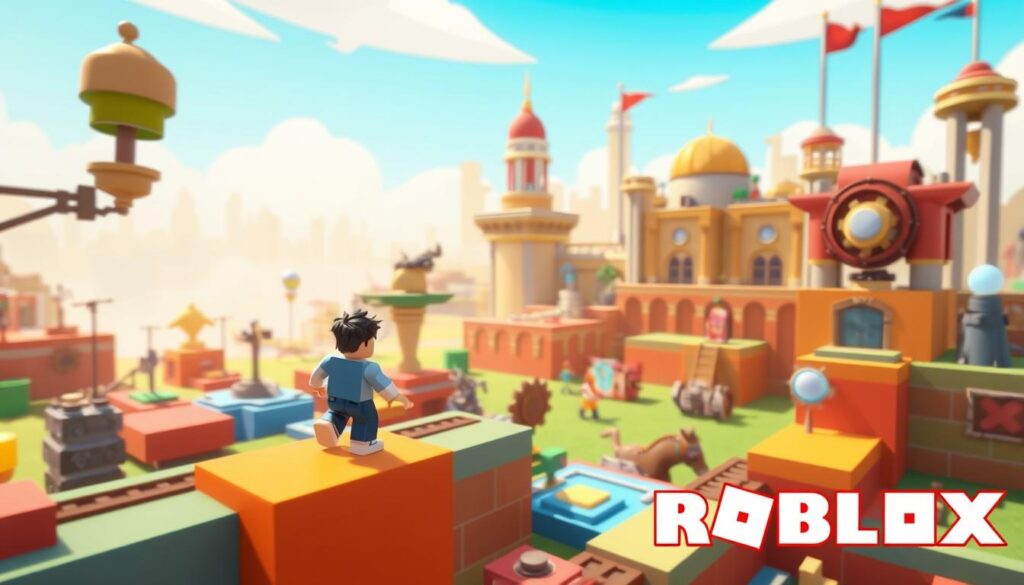 Prompt A dynamic Roblox gaming environment showcasing essential gameplay mechanics. In the foreground, a player avatar navigates a vibrant, blocky landscape, interacting with various game objects and obstacles. The middle ground features a range of interactive elements, such as movable platforms, gears, and levers, illustrating the versatility of the game's physics and mechanics. The background showcases the signature Roblox art style, with a stylized skyline and architectural features that blend seamlessly with the gameplay elements. The scene is illuminated by a warm, natural lighting, creating a sense of depth and immersion. The overall tone is one of exploration, discovery, and the joy of mastering Roblox's engaging gameplay mechanics.