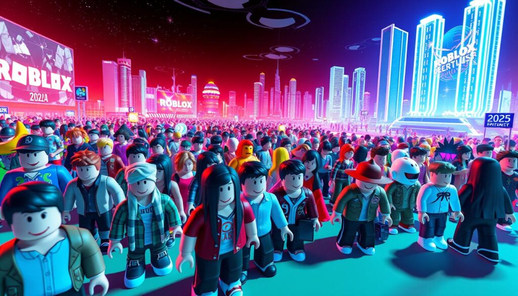 Roblox community in 2025: a vibrant, digital playground filled with boundless creativity. In the foreground, diverse Roblox avatars engaged in a myriad of activities - roleplaying, building, competing, and socializing. Trendy styles, emotes, and accessories adorn these digital denizens, reflecting the evolving preferences of the Roblox community. The middle ground showcases a sprawling, dynamic Roblox world - a mosaic of user-generated content, from immersive game experiences to expressive virtual hangouts. In the background, a futuristic cityscape with gleaming skyscrapers and holographic displays sets the scene, hinting at the technological advancements transforming the Roblox metaverse. Vibrant lighting and a sense of boundless possibility permeate the entire image, capturing the essence of the Roblox community's passion and creativity.