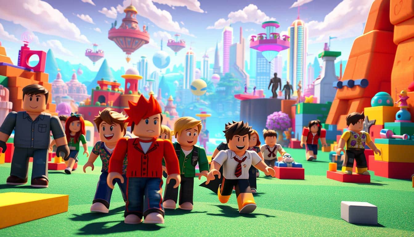 Roblox guide: A vibrant, detailed 3D scene depicting the world of Roblox. In the foreground, a group of diverse Roblox avatars explore a colorful, blocky landscape, their expressions animated and engaged. The middle ground features various Roblox game elements, such as platforms, obstacles, and interactive objects. In the background, a dynamic, ever-changing skyline with floating islands, neon-lit skyscrapers, and a sense of boundless creativity. Bright, warm lighting illuminates the scene, creating a sense of wonder and adventure. The overall atmosphere conveys the spirit of Roblox - a platform where imagination and creativity thrive, inviting players to explore, build, and have fun.