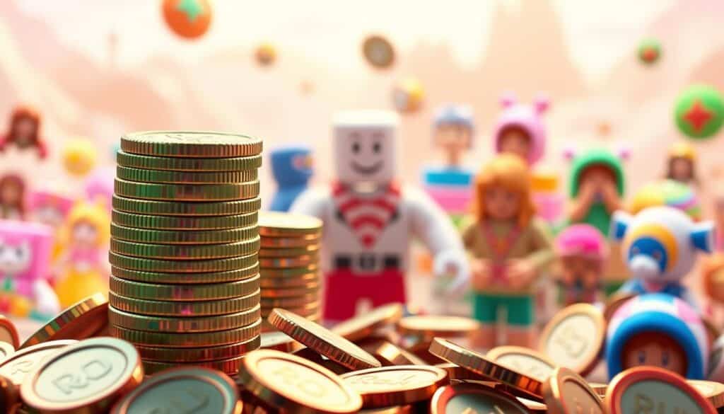 Robux, the virtual currency of the vibrant Roblox universe, floating amidst a kaleidoscope of digital experiences. In the foreground, a stack of Robux coins in varying shades of green, their metallic surfaces catching the light and reflecting the excitement of earning and trading within the platform. In the middle ground, a collection of Roblox-themed items and accessories, hinting at the diverse monetization opportunities available to creators and players. The background fades into a blurred, pastel-tinted landscape, evoking the whimsical and imaginative nature of the Roblox world. The scene is bathed in a warm, soft lighting, creating a sense of wonder and inviting the viewer to delve deeper into the boundless possibilities of the Roblox experience.