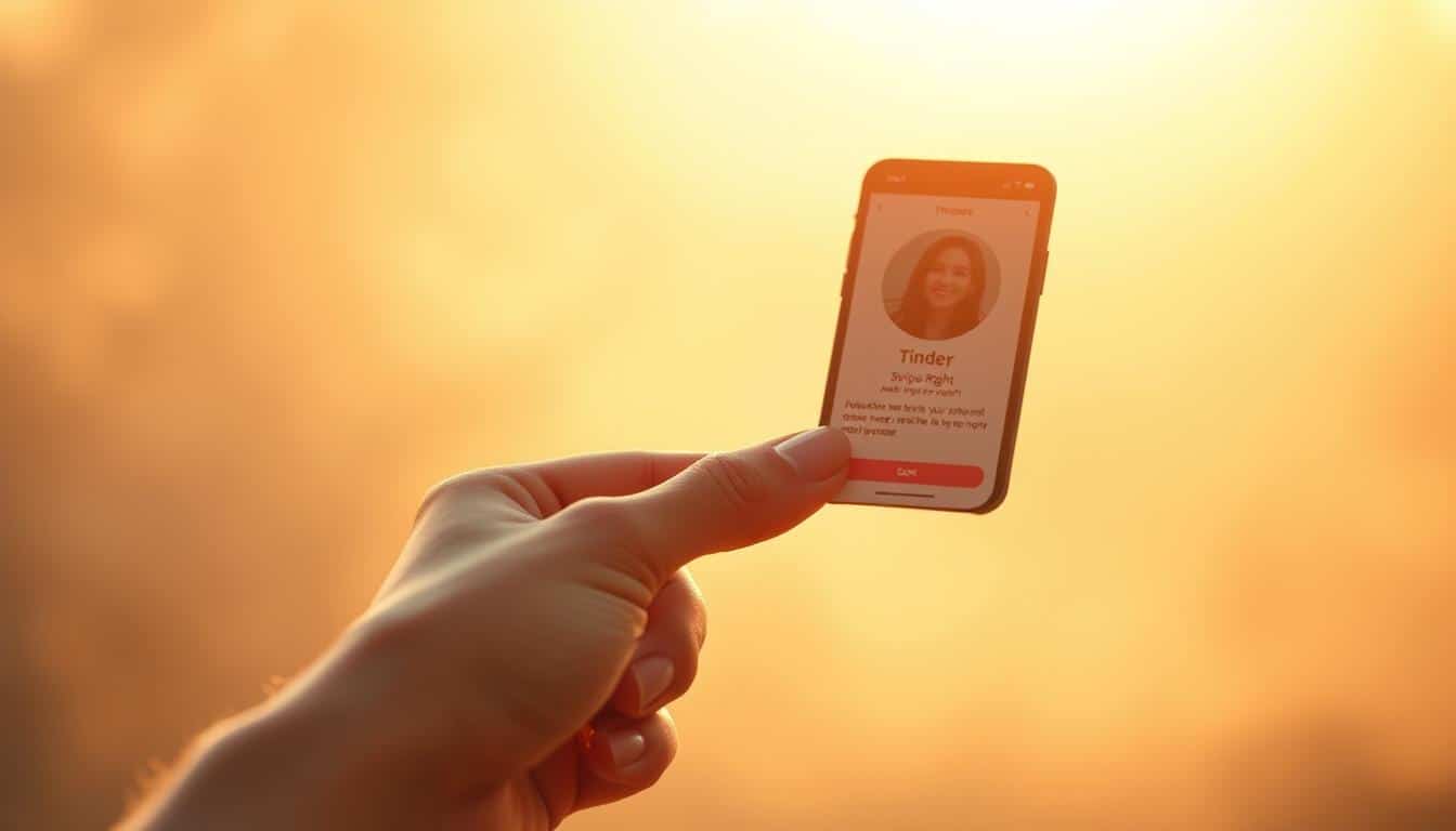 Tinder swipe right find your match. A dreamy, romantic scene set against a soft, hazy background. In the foreground, a hand elegantly sweeps a Tinder card to the right, the action capturing the excitement and anticipation of a match. Warm, golden lighting casts a natural glow, creating an inviting atmosphere. The card's interface is sleek and modern, with subtle details that capture the essence of the dating app experience. The background blurs into a warm, pastel-colored gradient, emphasizing the central focus on the swipe motion. This image evokes a sense of hope, connection, and the thrill of finding a potential love match on Tinder.