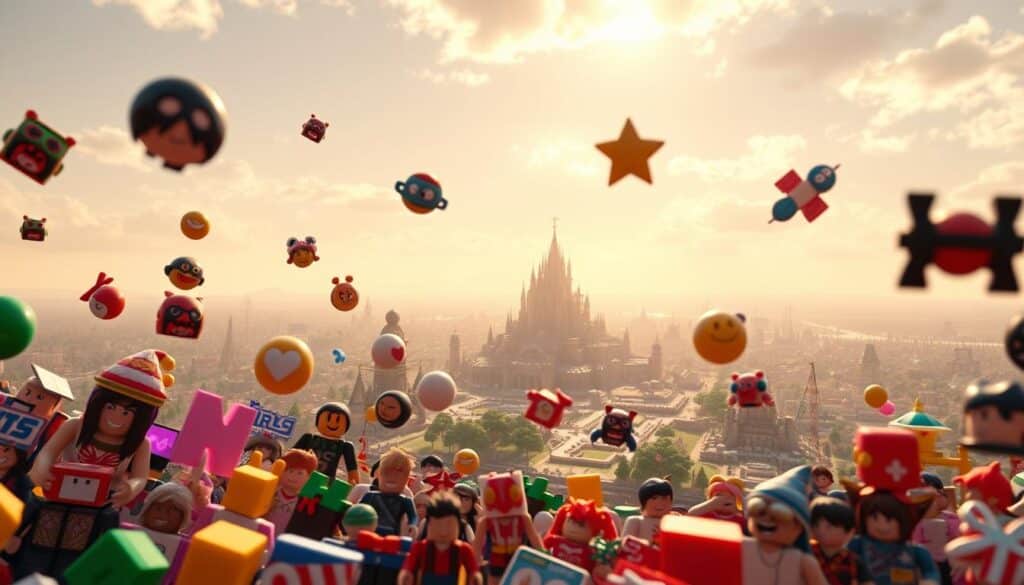 Trending Roblox games, a vibrant digital playground showcased against a panoramic backdrop. In the foreground, a diverse array of popular game icons float, their bold designs and vivid colors capturing the imagination. The middle ground features a dynamic landscape of Roblox-inspired environments, with towering structures, lush landscapes, and whimsical elements that invite exploration. The background is illuminated by a warm, golden glow, casting a sense of energy and excitement over the entire scene. Soft, cinematic lighting and a wide-angle lens create a sense of depth and immersion, drawing the viewer into the captivating world of Roblox's most engaging experiences.