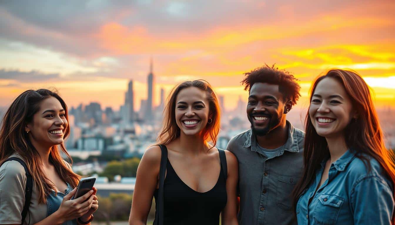 Vibrant, airy outdoor scene showcasing the positive sides of dating apps. In the foreground, a diverse group of young adults happily engaged in conversation, their faces lit by warm, natural sunlight. In the middle ground, a bustling city skyline serves as a backdrop, symbolizing the interconnectedness enabled by these platforms. The background features a vibrant, colorful sunset, evoking a sense of hope, optimism, and new possibilities. The composition is balanced and inviting, capturing the spirit of meaningful connections forged through dating apps.