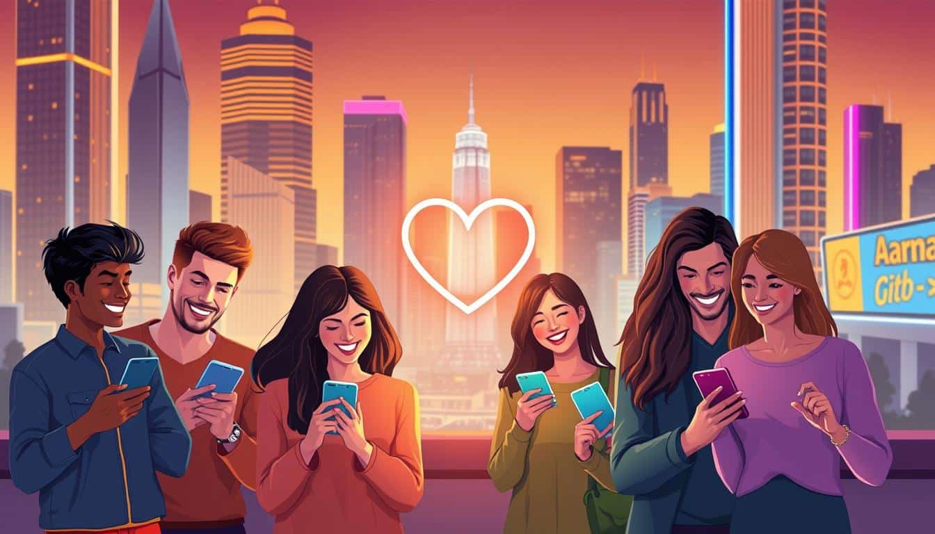 a vibrant, colorful illustration of the benefits of using dating apps. in the foreground, a diverse group of people of different ages, ethnicities, and genders are happily interacting on their smartphones, swiping, chatting, and making connections. in the middle ground, a glowing, pulsing heart icon representing the joy and excitement of finding a compatible match. in the background, a sleek, modern cityscape with high-rise buildings, neon lights, and a lively, bustling atmosphere. the scene is bathed in a warm, golden light, creating a sense of positivity and optimism. the overall mood is one of excitement, connection, and the endless possibilities offered by the world of online dating.