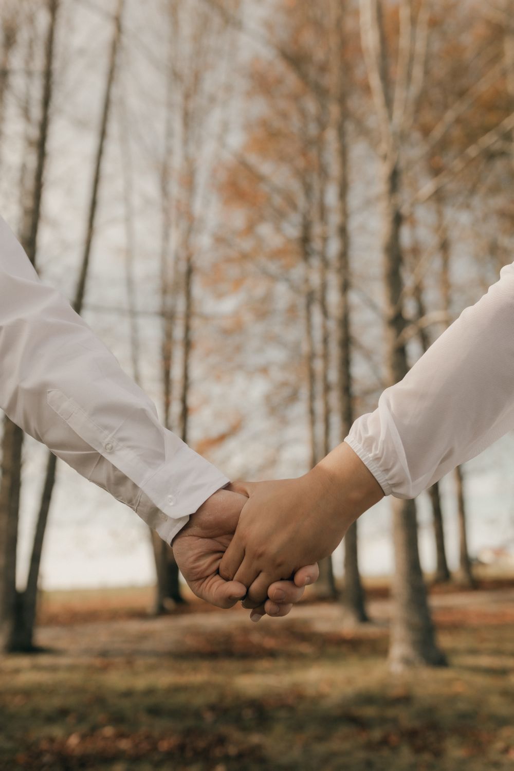 Close-up of couple holding hands in a serene autumn forest scene, symbolizing love and connection.